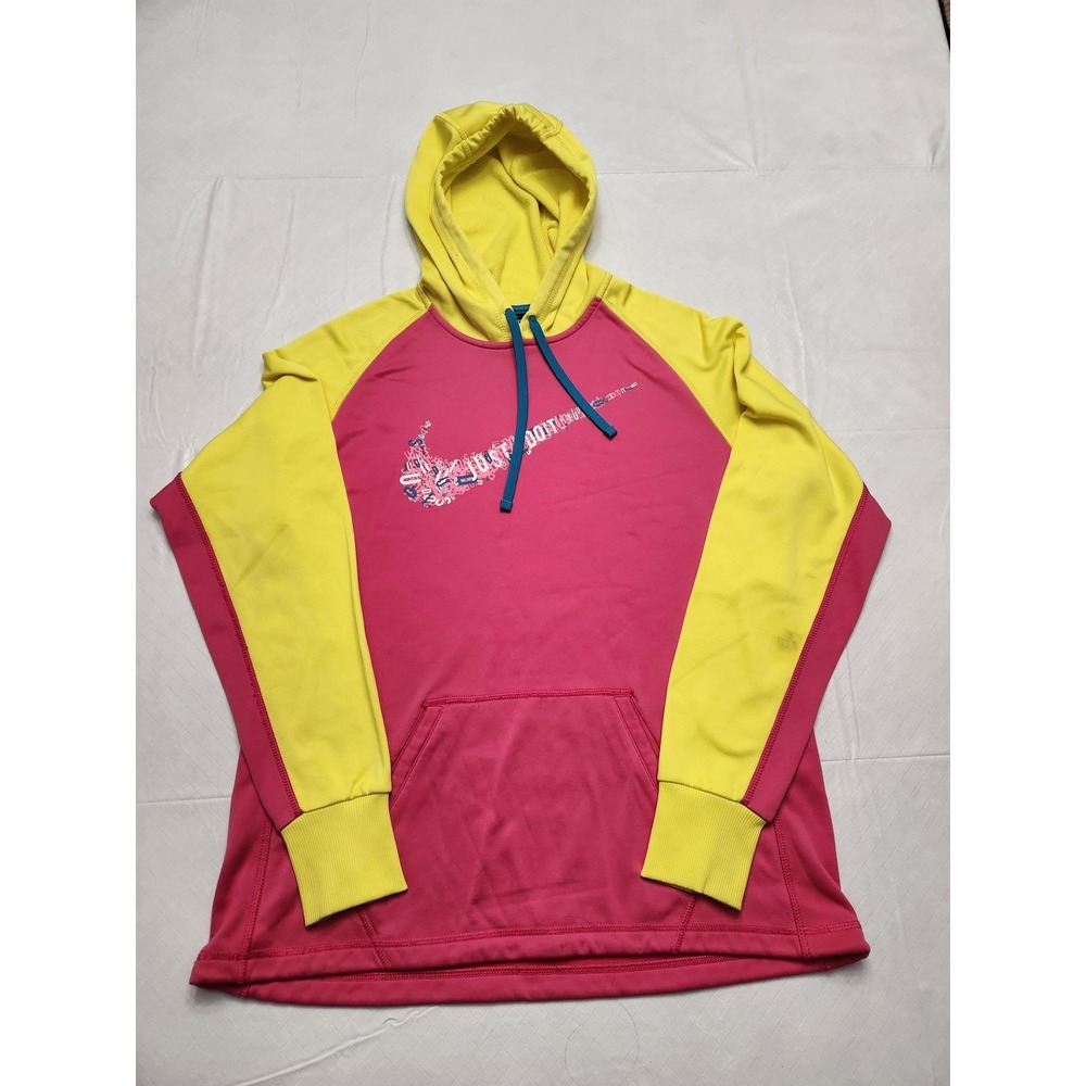 Nike Therma-FIT Hoodie Womens Large Pink Yellow Just Do‎ It Pullover Sweatshirt